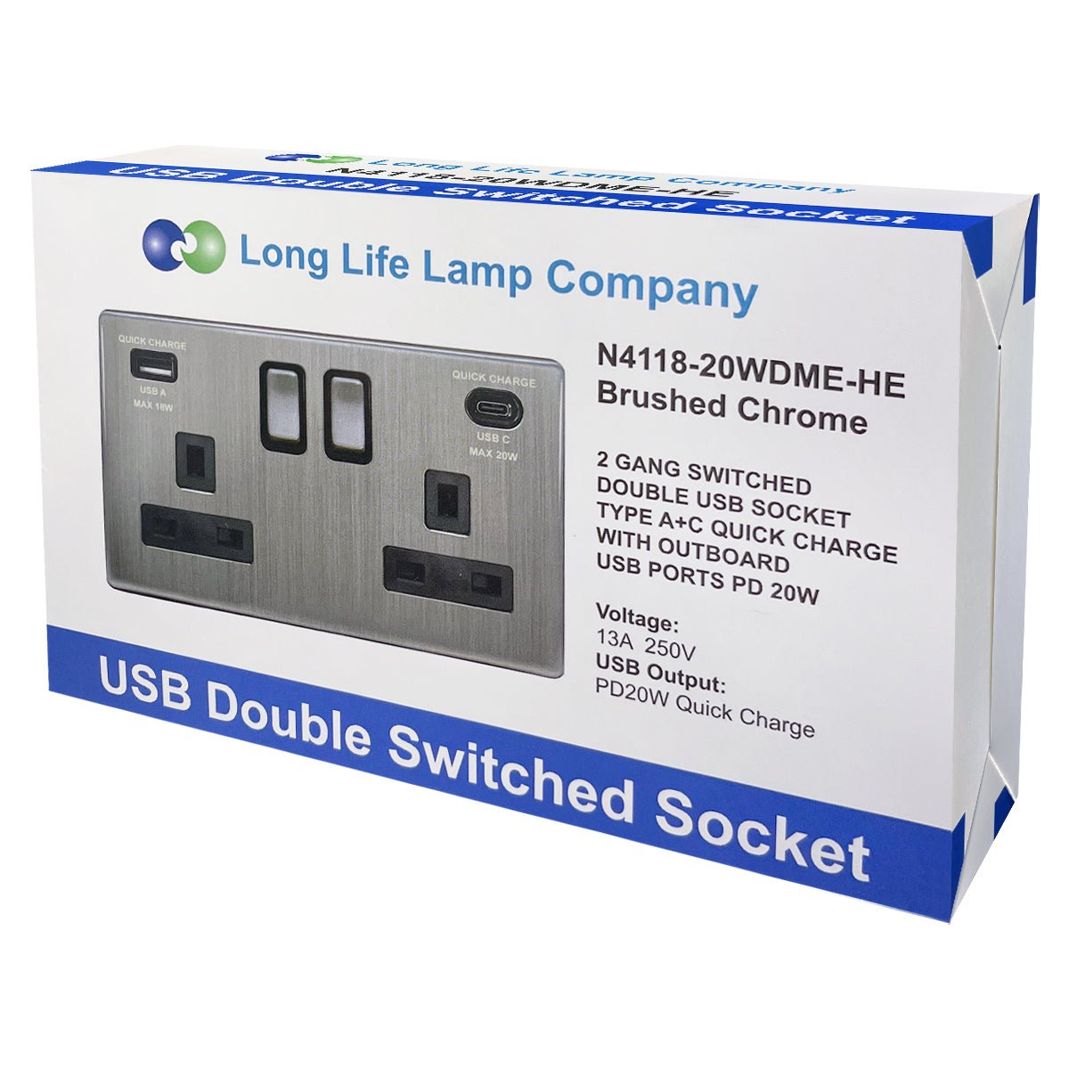USB Double Socket With 2 USB Charger Port Brushed Chrome Plate Quick Charge - Energy Light Bulbs - Free delivery on all orders