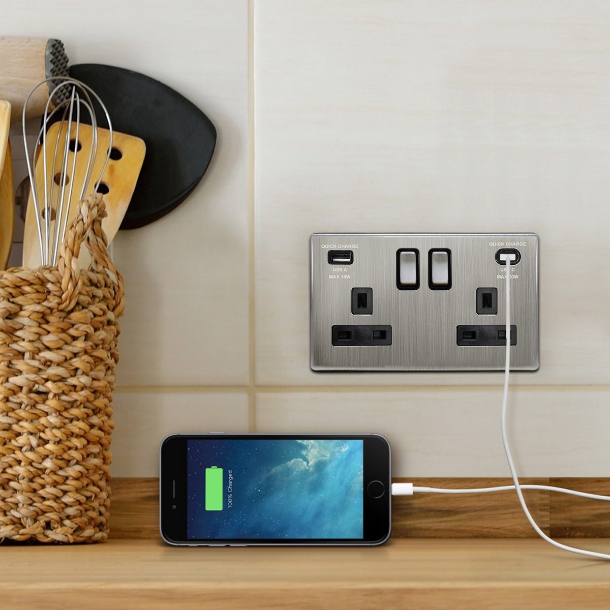USB Double Socket With 2 USB Charger Port Brushed Chrome Plate Quick Charge - Energy Light Bulbs - Free delivery on all orders
