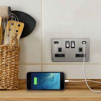 USB Double Socket With 2 USB Charger Port Brushed Chrome Plate Quick Charge - Energy Light Bulbs - Free delivery on all orders