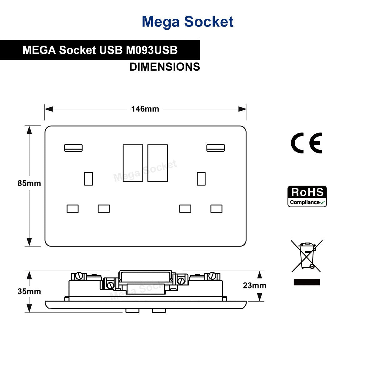 USB Sockets | Double Wall Plug Socket 2 Gang 13A with 2 USB Charger Port Outlets White Plate M093USB - Free delivery on all orders