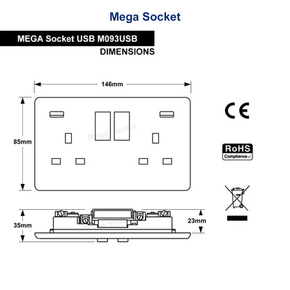 USB Sockets | Double Wall Plug Socket 2 Gang 13A with 2 USB Charger Port Outlets White Plate M093USB - Free delivery on all orders