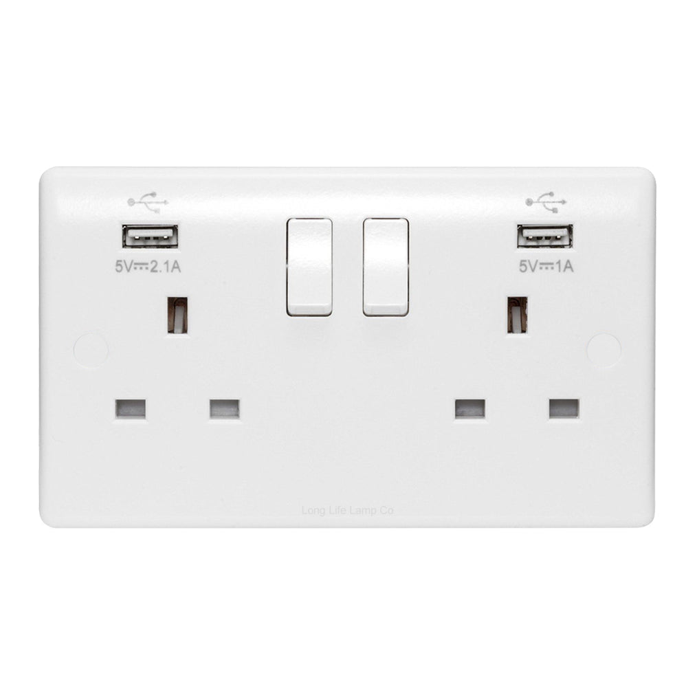 USB Sockets | Double Wall Plug Socket 2 Gang 13A with 2 USB Charger Port Outlets White Plate M093USB - Free delivery on all orders