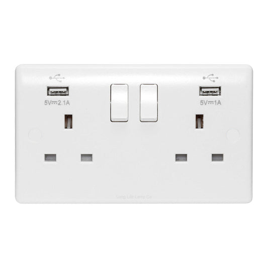 USB Sockets | Double Wall Plug Socket 2 Gang 13A with 2 USB Charger Port Outlets White Plate M093USB - Free delivery on all orders