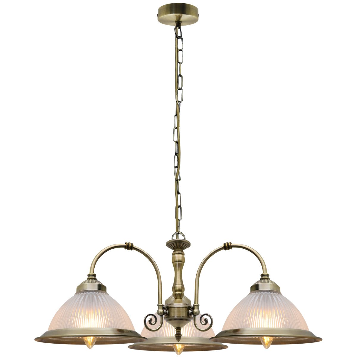 Vintage Ceiling 3 Light Antique Brass Pendant Light Ribbed Glass Lamp Shade - Energy Light Bulbs - Free delivery on all orders