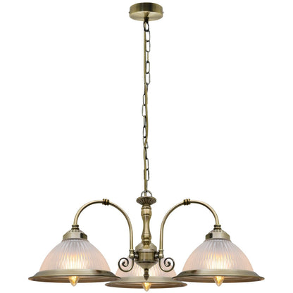 Vintage Ceiling 3 Light Antique Brass Pendant Light Ribbed Glass Lamp Shade - Energy Light Bulbs - Free delivery on all orders