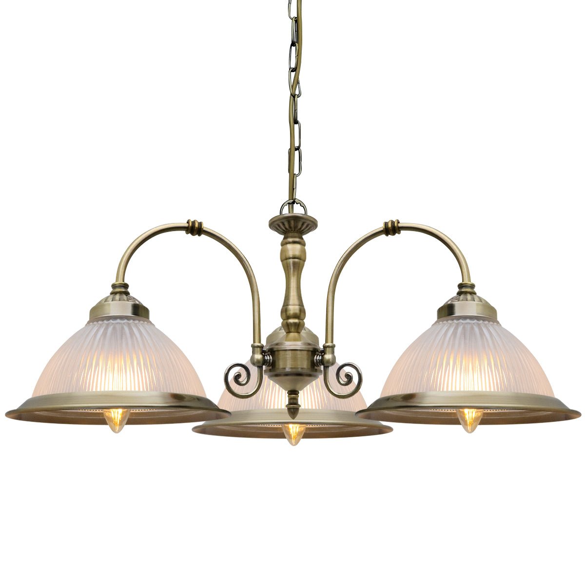 Vintage Ceiling 3 Light Antique Brass Pendant Light Ribbed Glass Lamp Shade - Energy Light Bulbs - Free delivery on all orders
