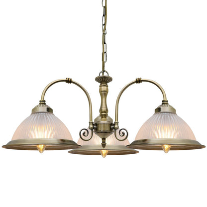 Vintage Ceiling 3 Light Antique Brass Pendant Light Ribbed Glass Lamp Shade - Energy Light Bulbs - Free delivery on all orders