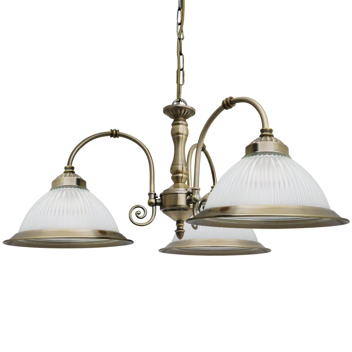 Vintage Ceiling 3 Light Antique Brass Pendant Light Ribbed Glass Lamp Shade - Energy Light Bulbs - Free delivery on all orders