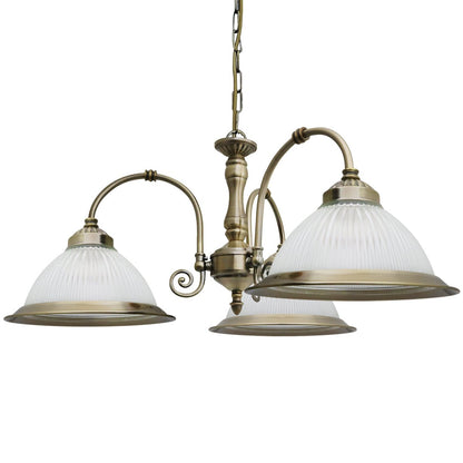 Vintage Ceiling 3 Light Antique Brass Pendant Light Ribbed Glass Lamp Shade - Energy Light Bulbs - Free delivery on all orders