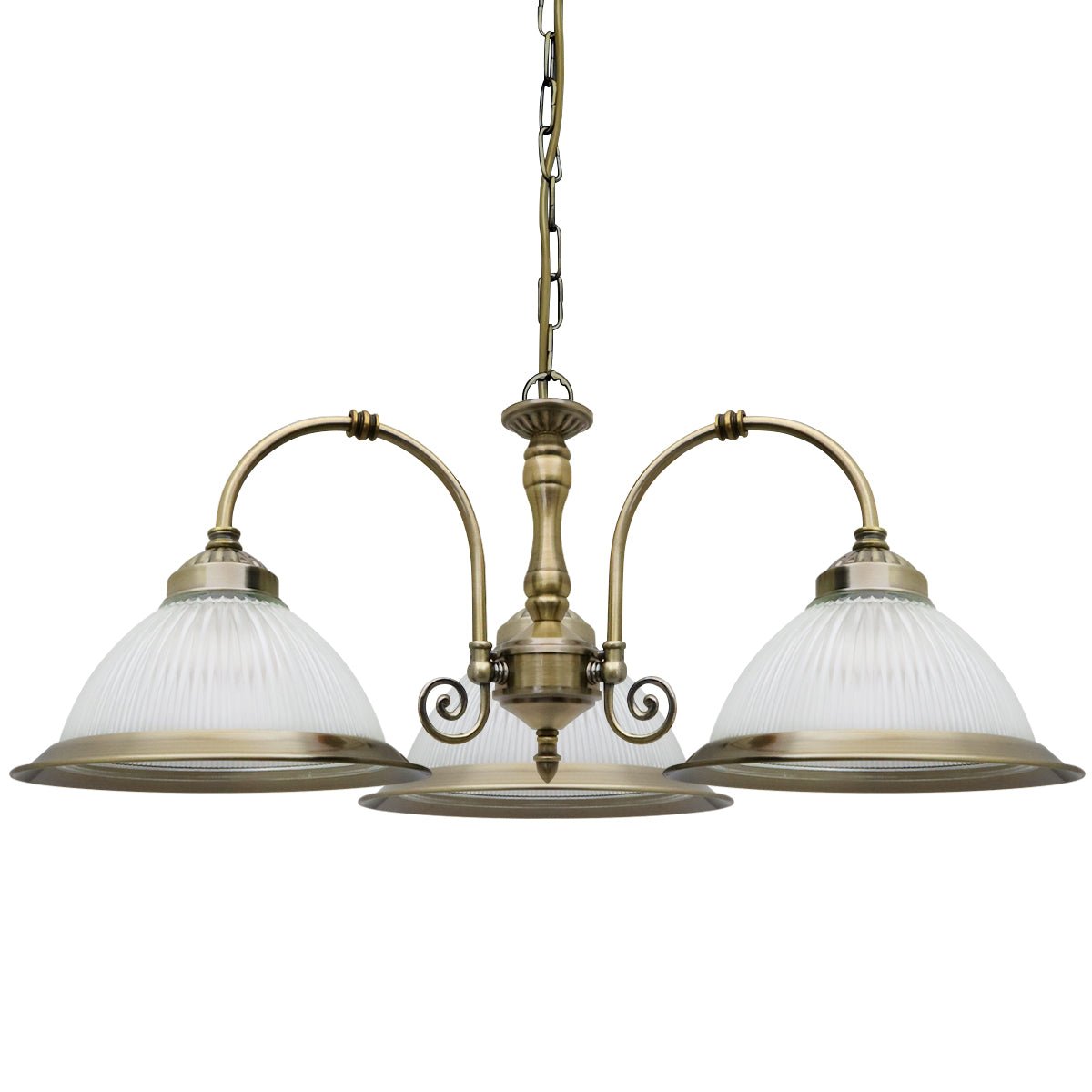Vintage Ceiling 3 Light Antique Brass Pendant Light Ribbed Glass Lamp Shade - Energy Light Bulbs - Free delivery on all orders