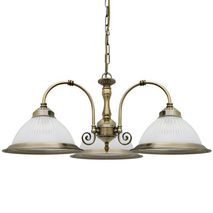 Vintage Ceiling 3 Light Antique Brass Pendant Light Ribbed Glass Lamp Shade - Energy Light Bulbs - Free delivery on all orders