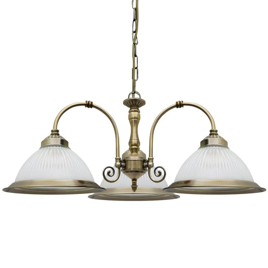 Vintage Ceiling 3 Light Antique Brass Pendant Light Ribbed Glass Lamp Shade - Energy Light Bulbs - Free delivery on all orders