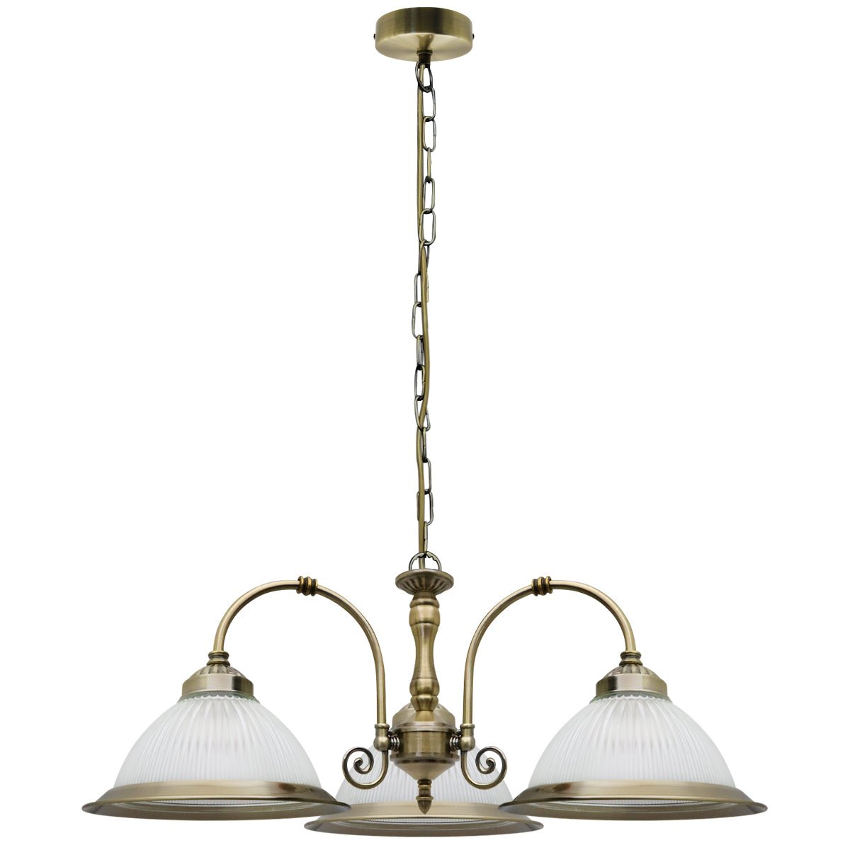 Vintage Ceiling 3 Light Antique Brass Pendant Light Ribbed Glass Lamp Shade - Energy Light Bulbs - Free delivery on all orders
