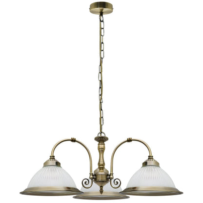Vintage Ceiling 3 Light Antique Brass Pendant Light Ribbed Glass Lamp Shade - Energy Light Bulbs - Free delivery on all orders