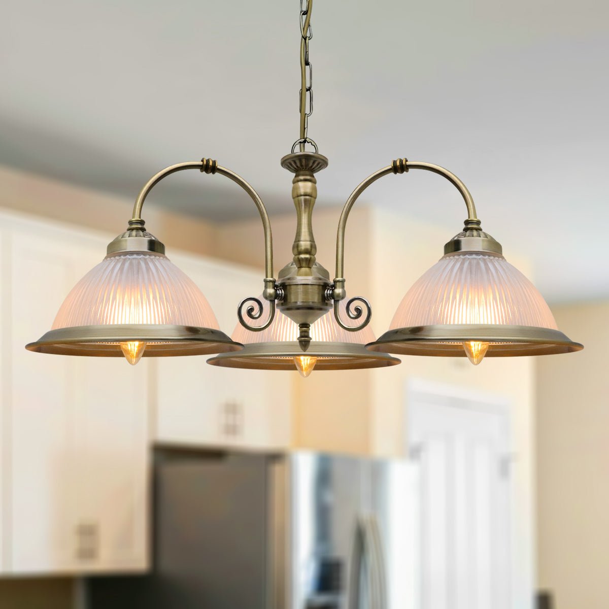 Vintage Ceiling 3 Light Antique Brass Pendant Light Ribbed Glass Lamp Shade - Energy Light Bulbs - Free delivery on all orders