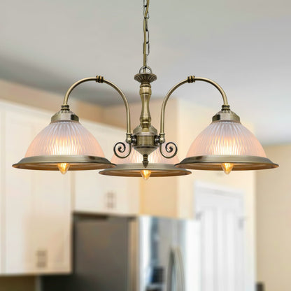 Vintage Ceiling 3 Light Antique Brass Pendant Light Ribbed Glass Lamp Shade - Energy Light Bulbs - Free delivery on all orders