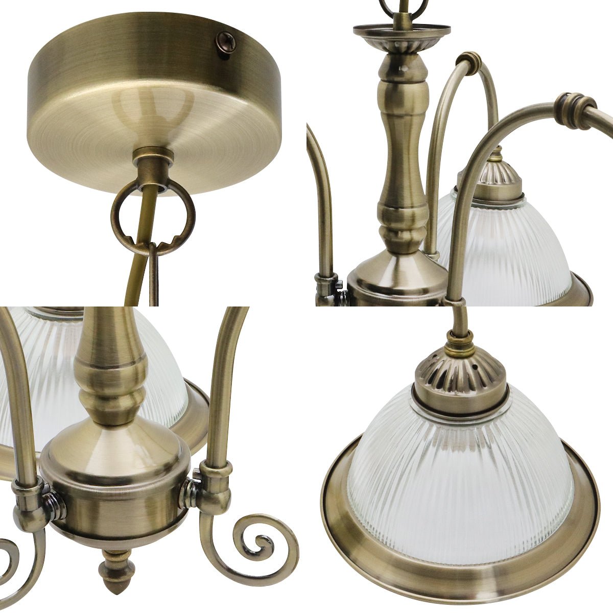 Vintage Ceiling 3 Light Antique Brass Pendant Light Ribbed Glass Lamp Shade - Energy Light Bulbs - Free delivery on all orders