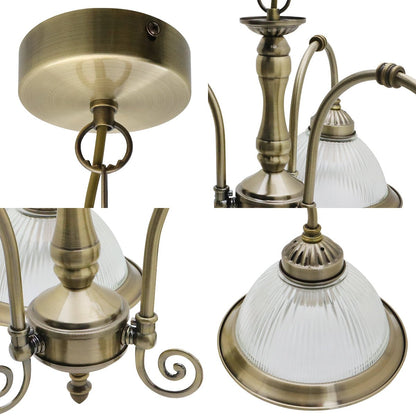 Vintage Ceiling 3 Light Antique Brass Pendant Light Ribbed Glass Lamp Shade - Energy Light Bulbs - Free delivery on all orders