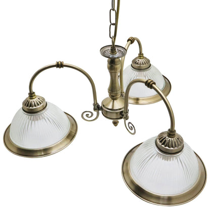 Vintage Ceiling 3 Light Antique Brass Pendant Light Ribbed Glass Lamp Shade - Energy Light Bulbs - Free delivery on all orders