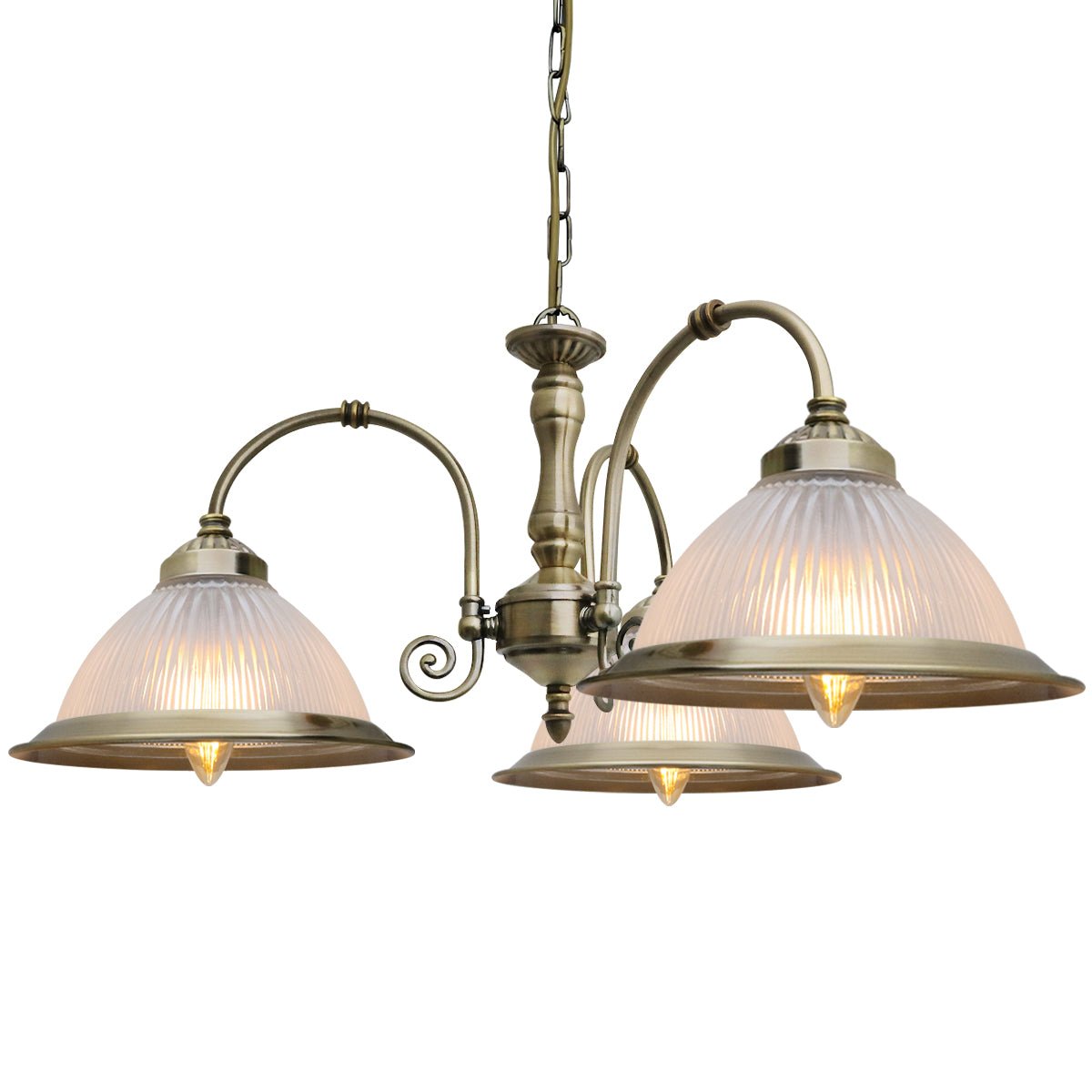 Vintage Ceiling 3 Light Antique Brass Pendant Light Ribbed Glass Lamp Shade - Energy Light Bulbs - Free delivery on all orders