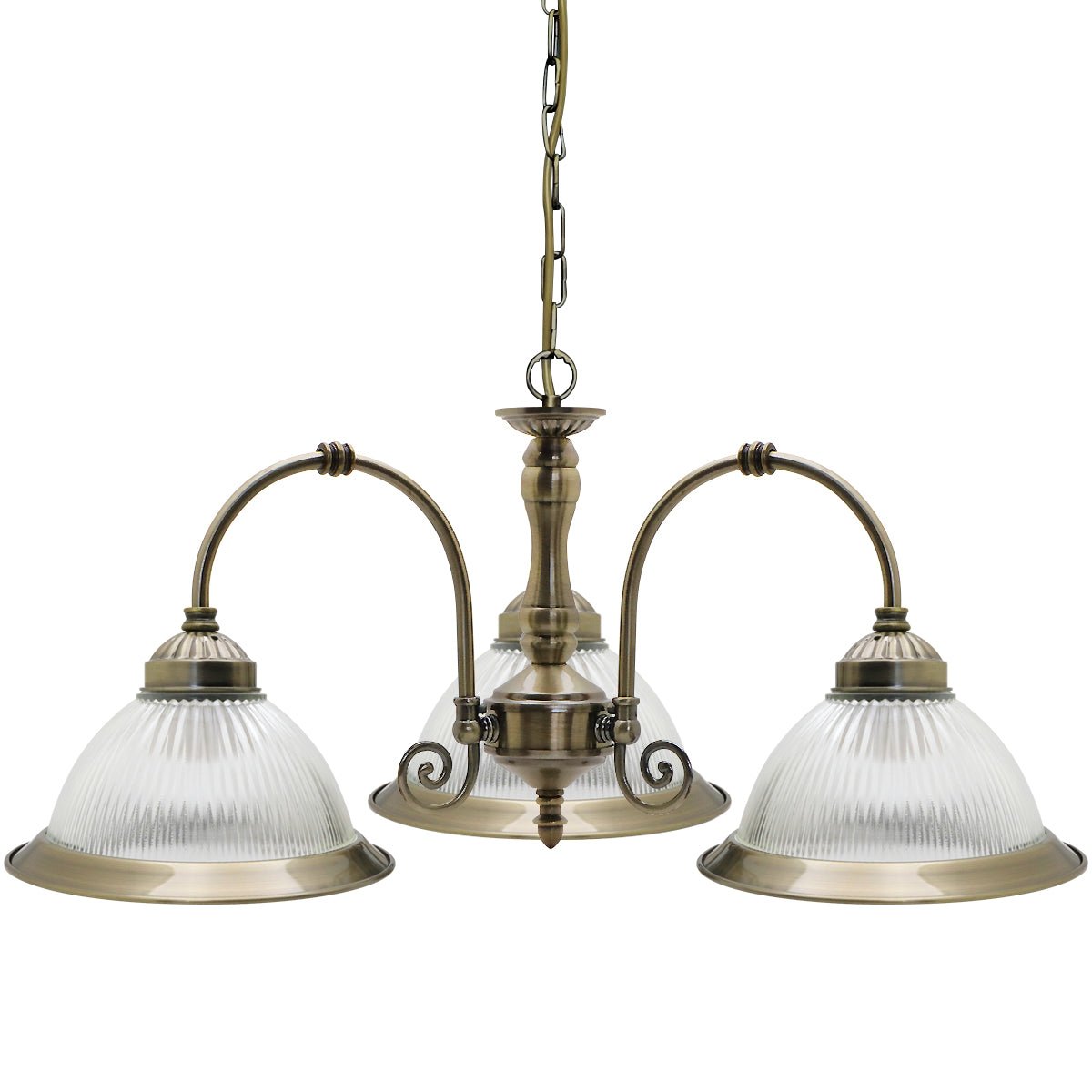 Vintage Ceiling 3 Light Antique Brass Pendant Light Ribbed Glass Lamp Shade - Energy Light Bulbs - Free delivery on all orders