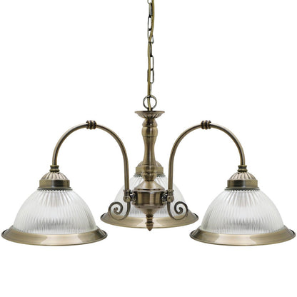 Vintage Ceiling 3 Light Antique Brass Pendant Light Ribbed Glass Lamp Shade - Energy Light Bulbs - Free delivery on all orders