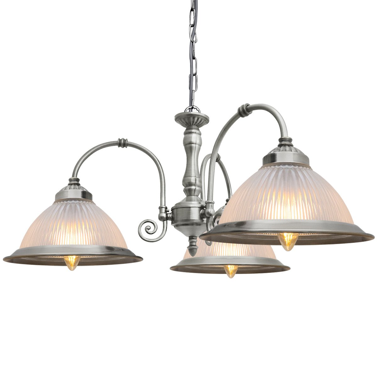 Vintage Ceiling 3 Light Brushed Chrome Pendant Light Ribbed Glass Lamp Shade - Energy Light Bulbs - Free delivery on all orders