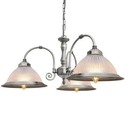 Vintage Ceiling 3 Light Brushed Chrome Pendant Light Ribbed Glass Lamp Shade - Energy Light Bulbs - Free delivery on all orders