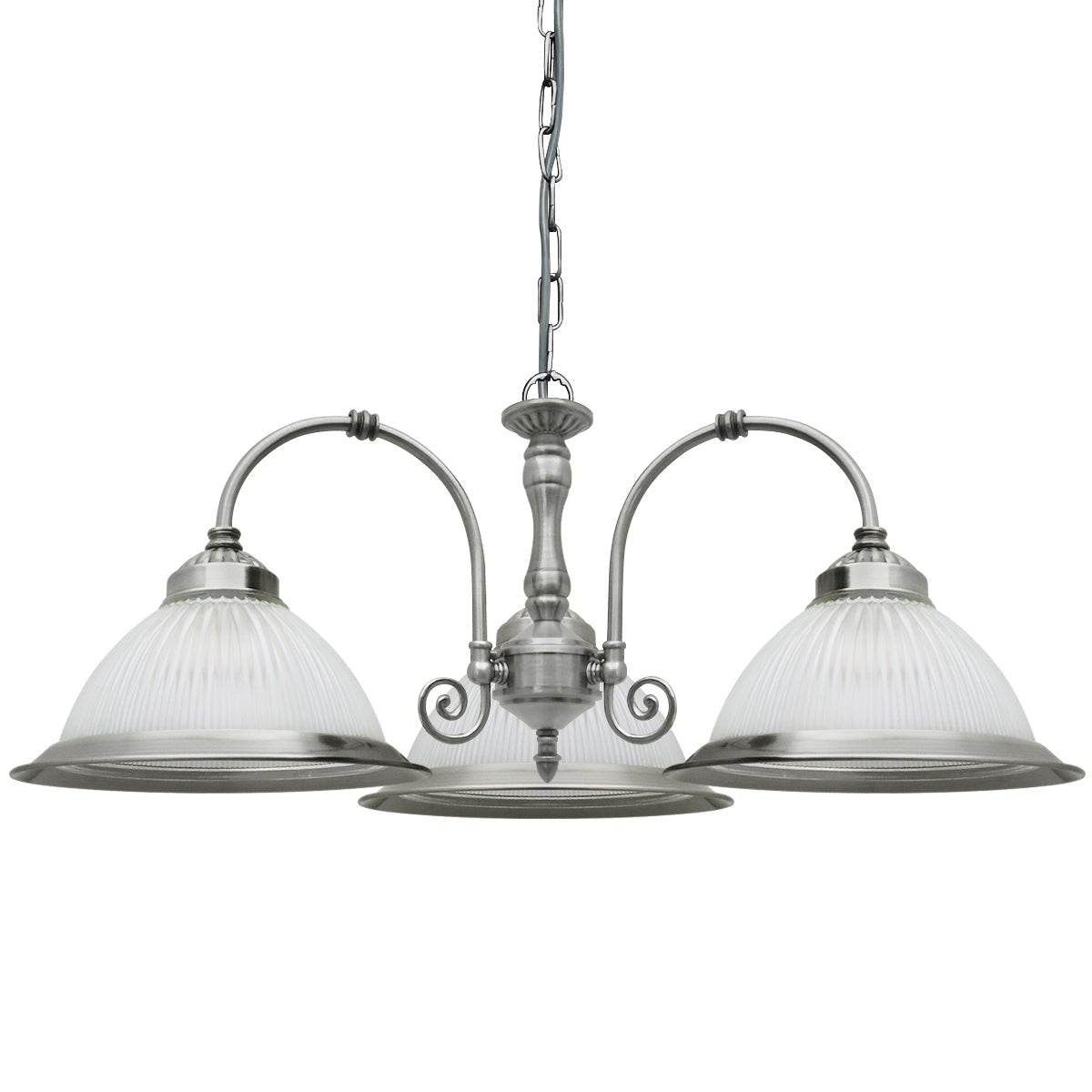 Vintage Ceiling 3 Light Brushed Chrome Pendant Light Ribbed Glass Lamp Shade - Energy Light Bulbs - Free delivery on all orders