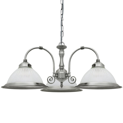 Vintage Ceiling 3 Light Brushed Chrome Pendant Light Ribbed Glass Lamp Shade - Energy Light Bulbs - Free delivery on all orders