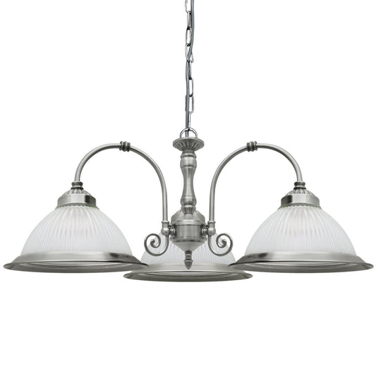 Vintage Ceiling 3 Light Brushed Chrome Pendant Light Ribbed Glass Lamp Shade - Energy Light Bulbs - Free delivery on all orders