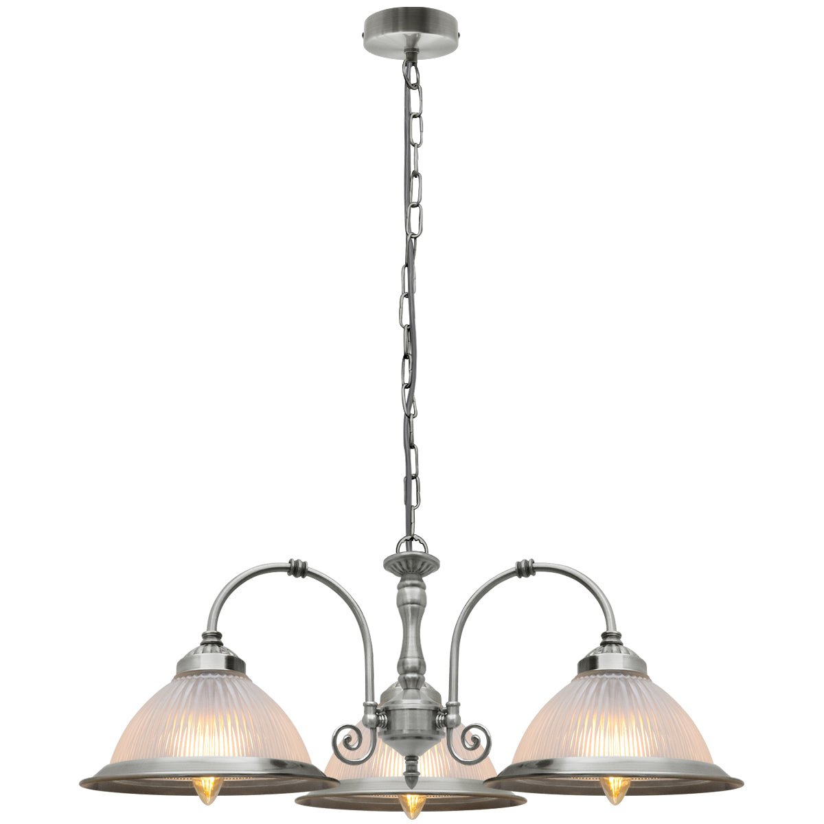 Vintage Ceiling 3 Light Brushed Chrome Pendant Light Ribbed Glass Lamp Shade - Energy Light Bulbs - Free delivery on all orders