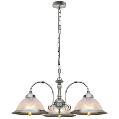 Vintage Ceiling 3 Light Brushed Chrome Pendant Light Ribbed Glass Lamp Shade - Energy Light Bulbs - Free delivery on all orders