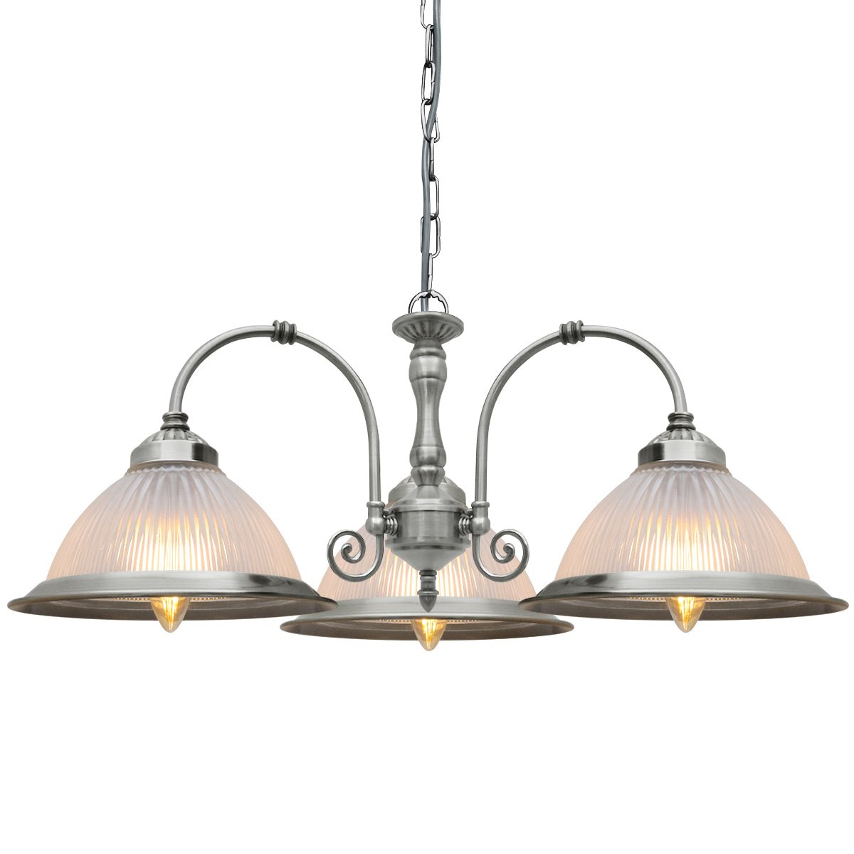 Vintage Ceiling 3 Light Brushed Chrome Pendant Light Ribbed Glass Lamp Shade - Energy Light Bulbs - Free delivery on all orders