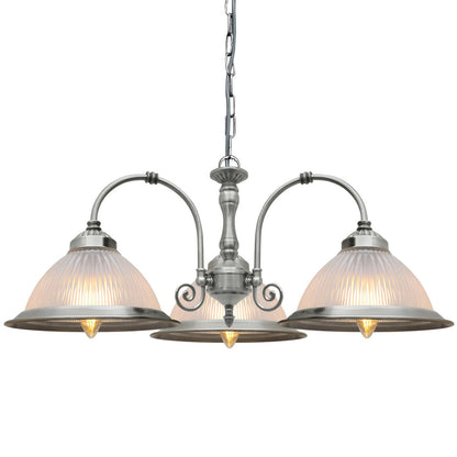 Vintage Ceiling 3 Light Brushed Chrome Pendant Light Ribbed Glass Lamp Shade - Energy Light Bulbs - Free delivery on all orders