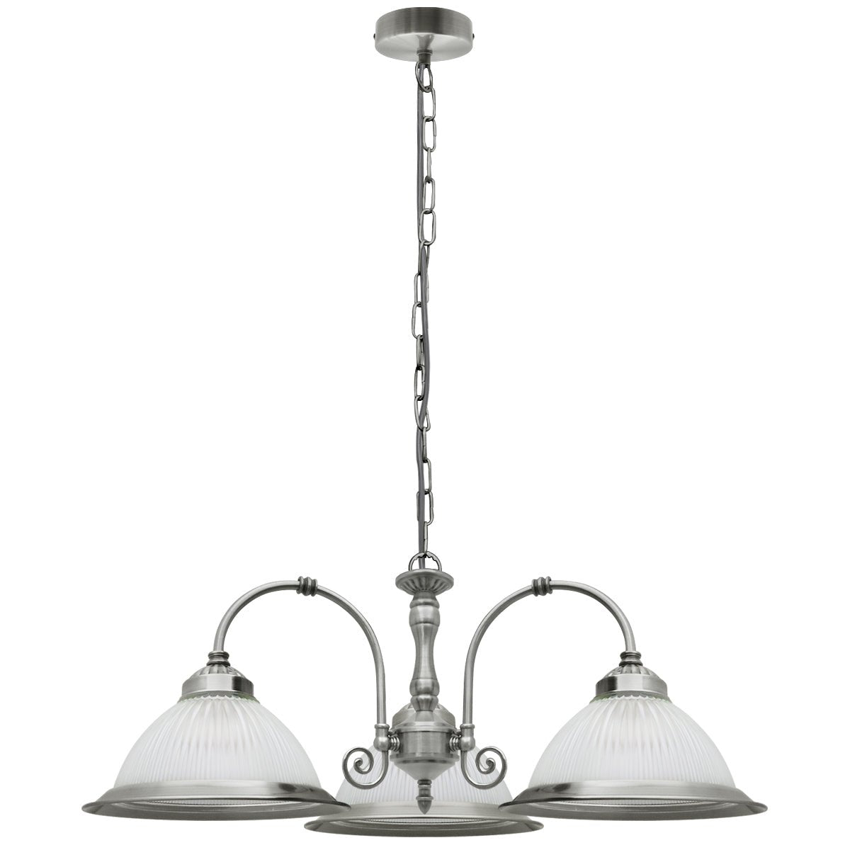 Vintage Ceiling 3 Light Brushed Chrome Pendant Light Ribbed Glass Lamp Shade - Energy Light Bulbs - Free delivery on all orders