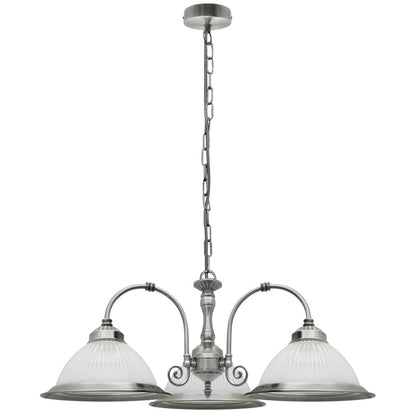 Vintage Ceiling 3 Light Brushed Chrome Pendant Light Ribbed Glass Lamp Shade - Energy Light Bulbs - Free delivery on all orders