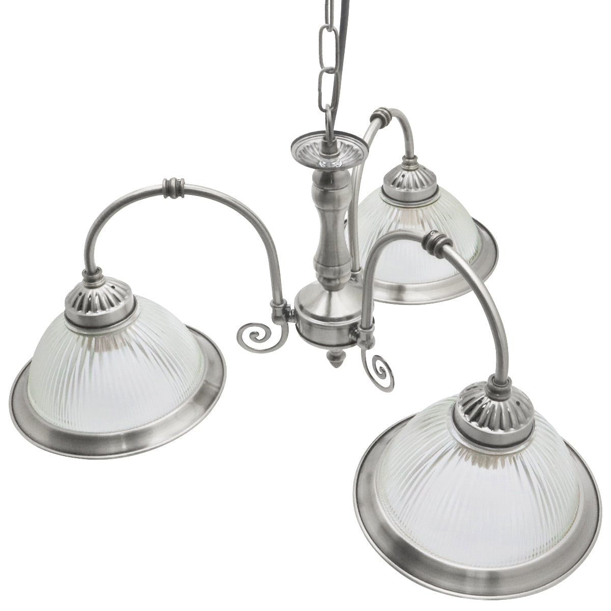 Vintage Ceiling 3 Light Brushed Chrome Pendant Light Ribbed Glass Lamp Shade - Energy Light Bulbs - Free delivery on all orders