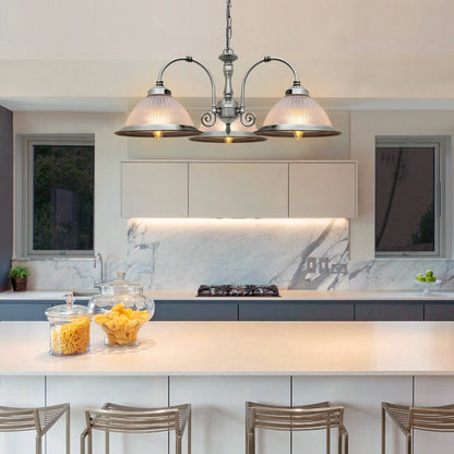 Vintage Ceiling 3 Light Brushed Chrome Pendant Light Ribbed Glass Lamp Shade - Energy Light Bulbs - Free delivery on all orders