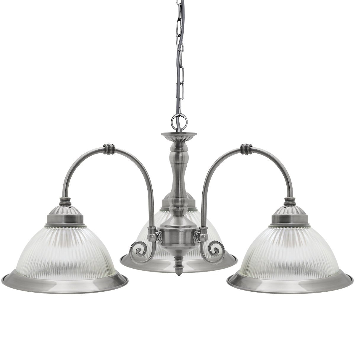 Vintage Ceiling 3 Light Brushed Chrome Pendant Light Ribbed Glass Lamp Shade - Energy Light Bulbs - Free delivery on all orders