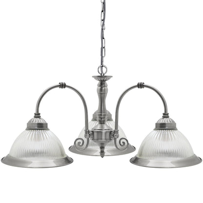Vintage Ceiling 3 Light Brushed Chrome Pendant Light Ribbed Glass Lamp Shade - Energy Light Bulbs - Free delivery on all orders
