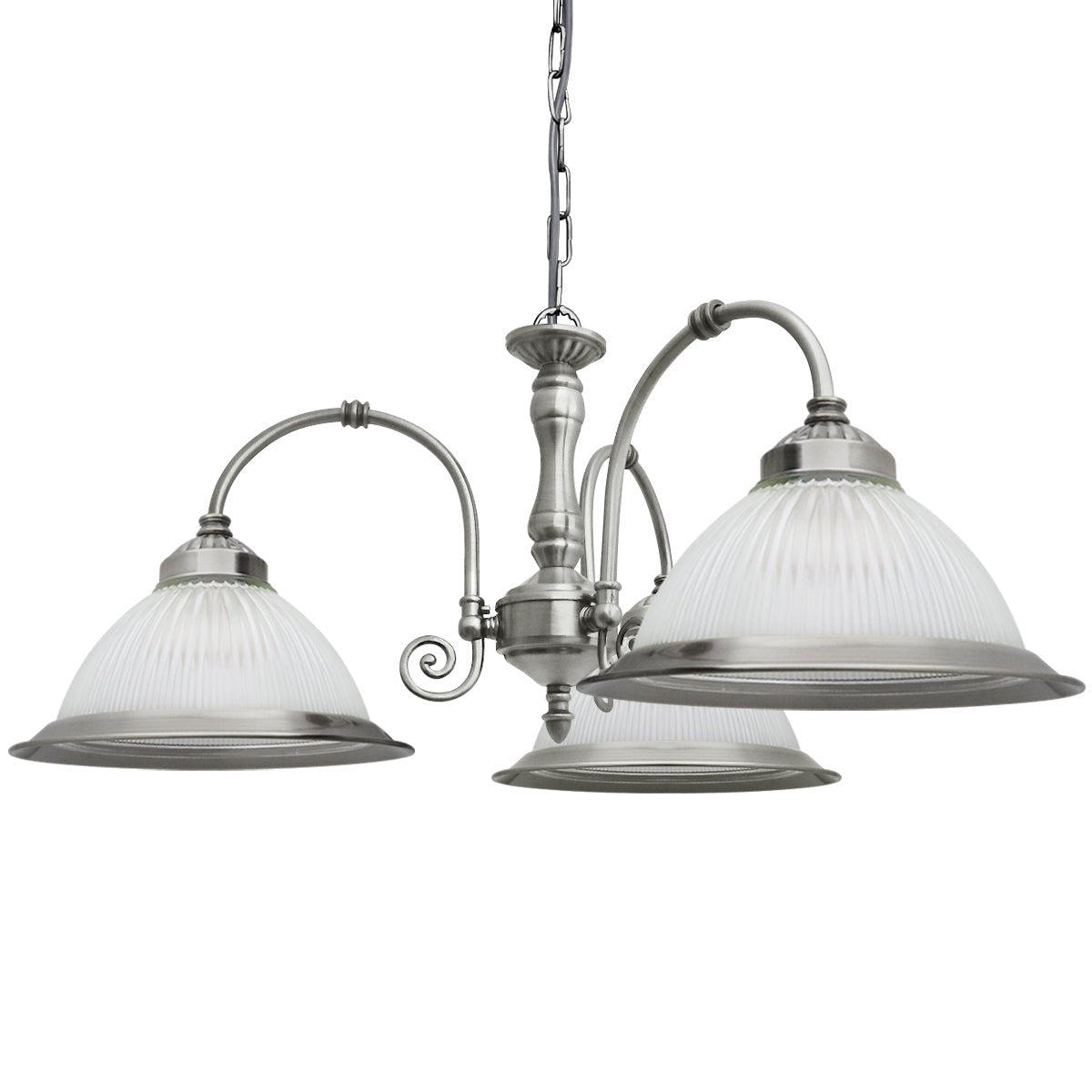 Vintage Ceiling 3 Light Brushed Chrome Pendant Light Ribbed Glass Lamp Shade - Energy Light Bulbs - Free delivery on all orders