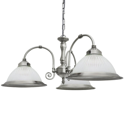Vintage Ceiling 3 Light Brushed Chrome Pendant Light Ribbed Glass Lamp Shade - Energy Light Bulbs - Free delivery on all orders