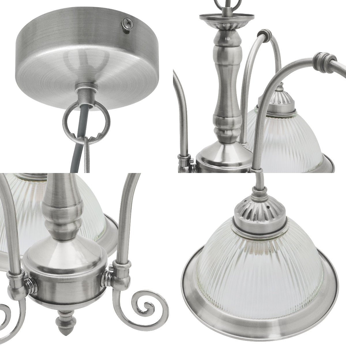 Vintage Ceiling 3 Light Brushed Chrome Pendant Light Ribbed Glass Lamp Shade - Energy Light Bulbs - Free delivery on all orders