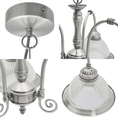 Vintage Ceiling 3 Light Brushed Chrome Pendant Light Ribbed Glass Lamp Shade - Energy Light Bulbs - Free delivery on all orders