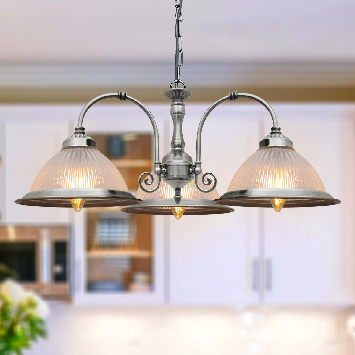 Vintage Ceiling 3 Light Brushed Chrome Pendant Light Ribbed Glass Lamp Shade - Energy Light Bulbs - Free delivery on all orders