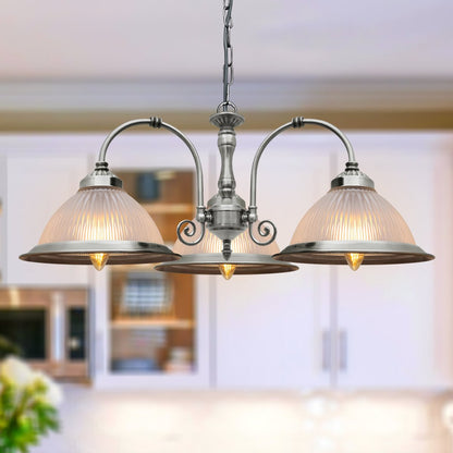 Vintage Ceiling 3 Light Brushed Chrome Pendant Light Ribbed Glass Lamp Shade - Energy Light Bulbs - Free delivery on all orders