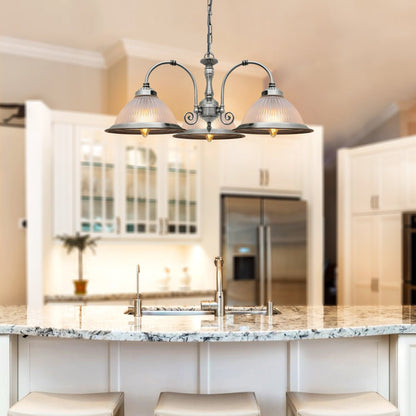Vintage Ceiling 3 Light Brushed Chrome Pendant Light Ribbed Glass Lamp Shade - Energy Light Bulbs - Free delivery on all orders