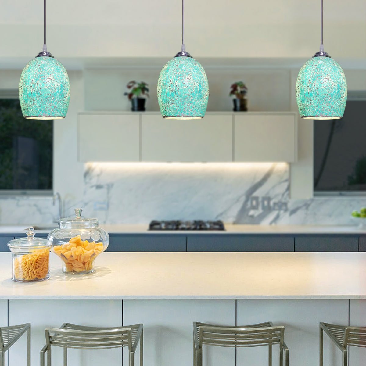 Vintage Ceiling Crackle Blue Mosaic Glass Pendant Light - Energy Light Bulbs - Free delivery on all orders