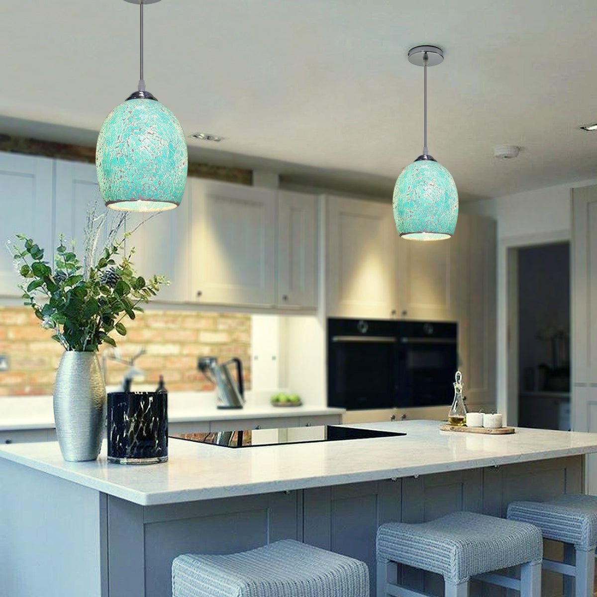 Vintage Ceiling Crackle Blue Mosaic Glass Pendant Light - Energy Light Bulbs - Free delivery on all orders